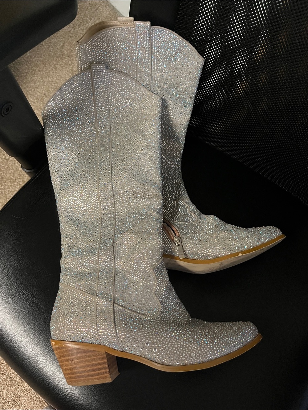Crystal-Embellished Women's Mid-Calf Boots in Silver